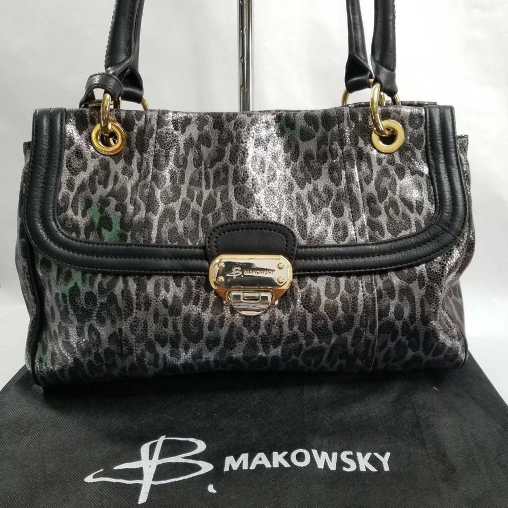 B. Makowsky Black Leopard Print Satchel - Picture 1 of 10